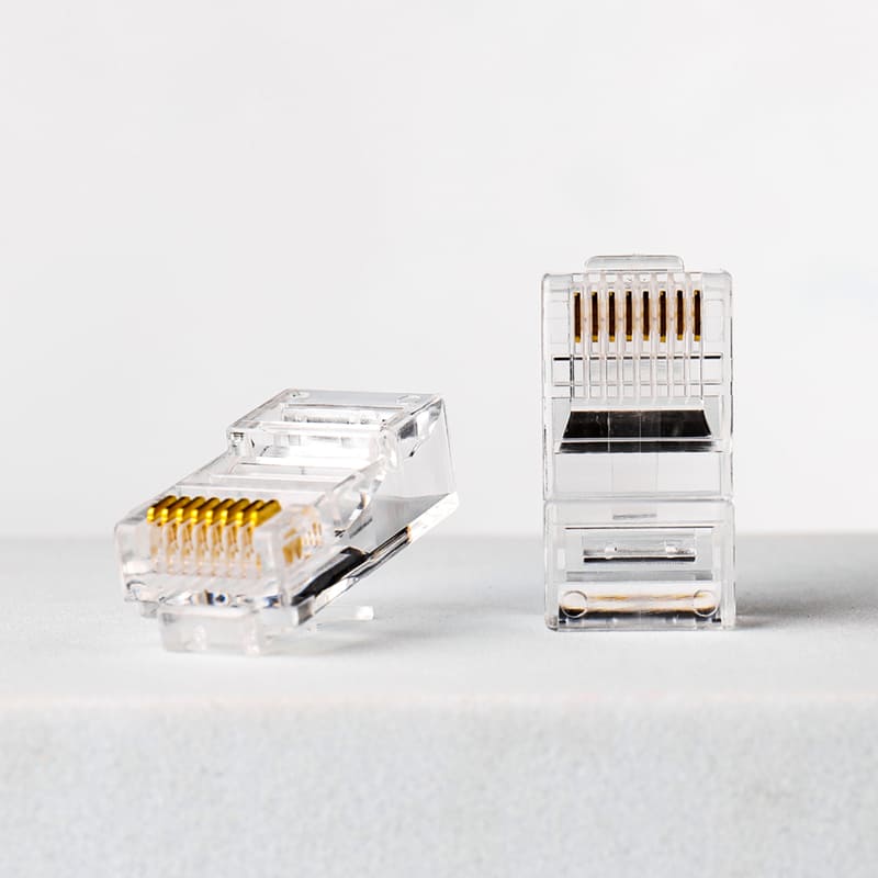 Professional Cat5e Pure Copper RJ45 Connector - Unshielded 8P8C Modular Plug with 50μ" Gold Plating for High-Stability Networking Image 2 Cat5e-Solid-Copper-Contacts-RJ45-50u-Gold-Plated-Detail