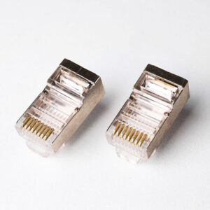 Cat5e Shielded Pass-Through RJ45 Connector with wires passing through the front