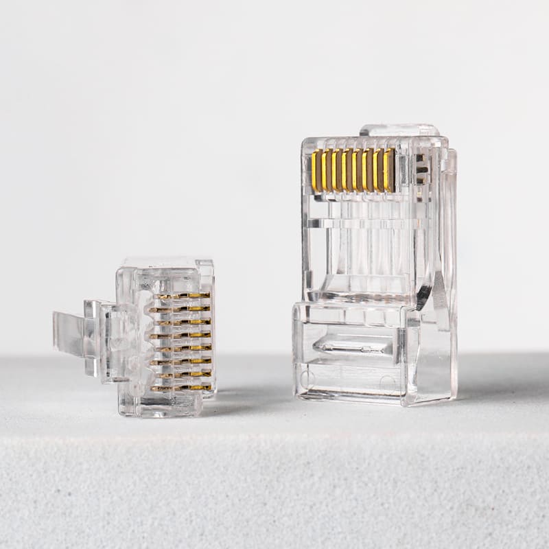 Cat6 Unshielded Pass-Through RJ45 Connector - Staggered Double-Row 8P8C UTP Modular Plug with 50μ" Gold Plating Image 3 Wires passing through the front of a Cat6 Unshielded RJ45 Connector for easy verification