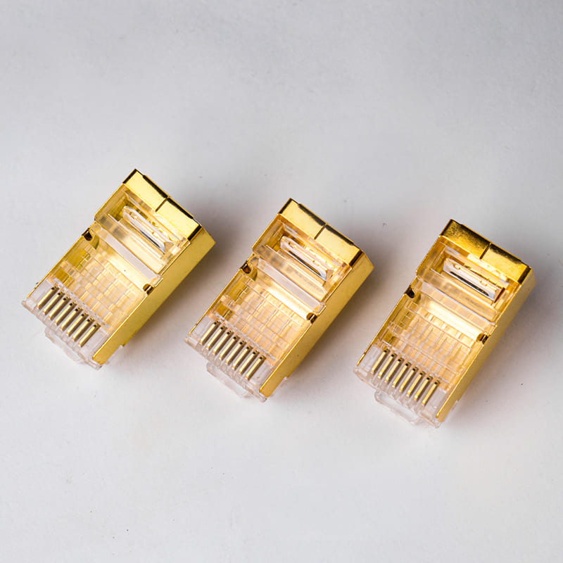 Cat6 1.1mm Gold Shielded Modular Plug: Premium 8P8C STP Connector with 50μ" Gold Plating for Thick Insulation Cables Image 3 Premium gold-plated shell of Cat6 8P8C STP modular plug