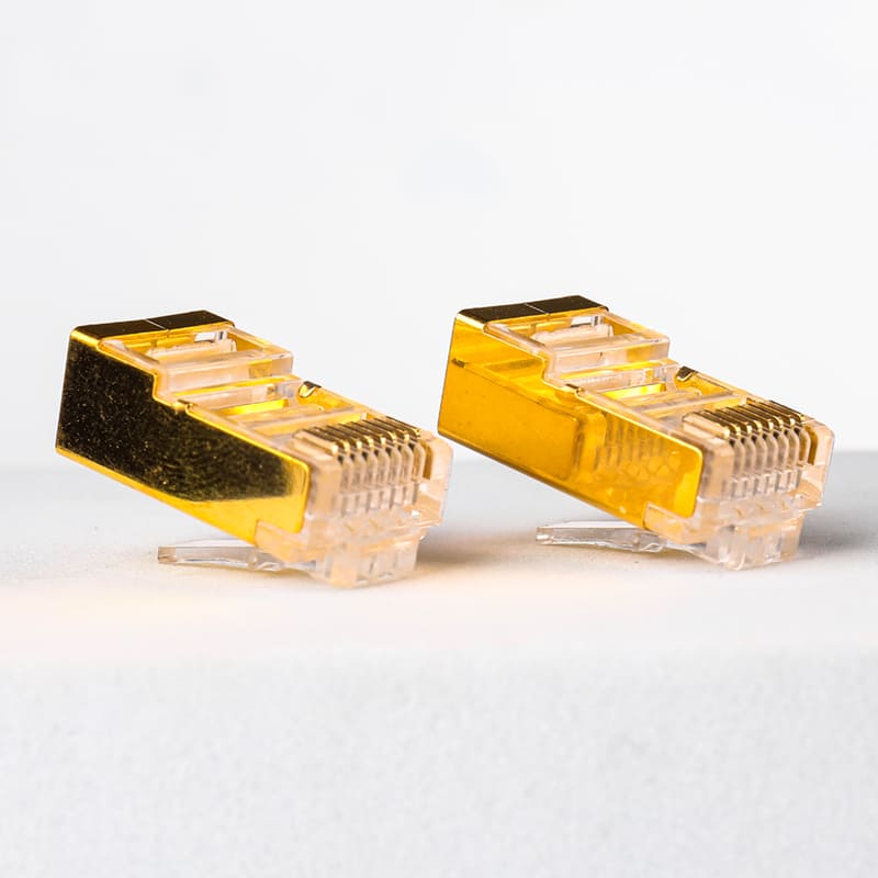 Cat6 1.1mm Gold Shielded Modular Plug: Premium 8P8C STP Connector with 50μ" Gold Plating for Thick Insulation Cables Image 4 50 micron gold plated pins of Cat6 1.1mm modular plug