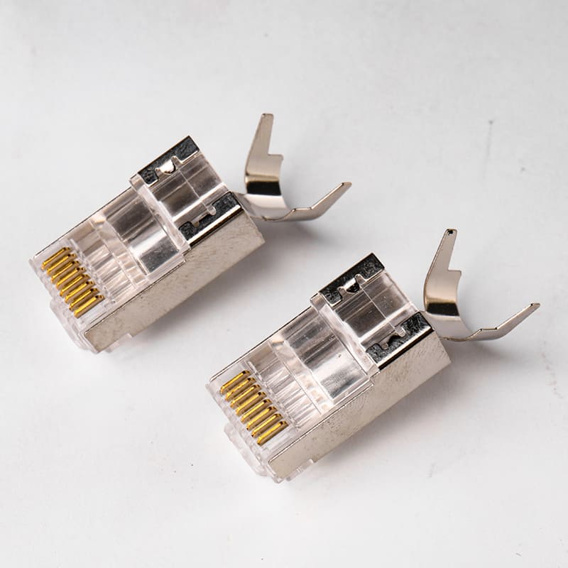 Cat7 Shielded Pass-Through RJ45 Connector with Gold-Plated Copper Shell and Two-Piece Design