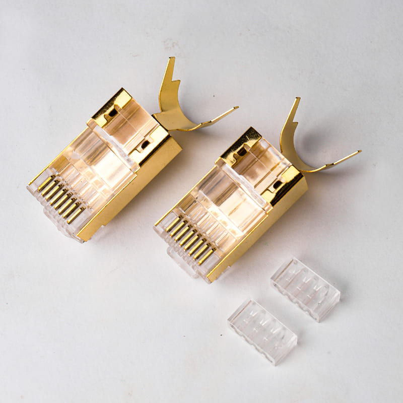 Cat7 Shielded RJ45 Connector 1.5mm - Premium Two-Piece Gold-Plated Copper Shell 8P8C Modular Plug Image 3 Two-Piece Cat7 RJ45 Components showing Load Bar and Gold-Plated Housing