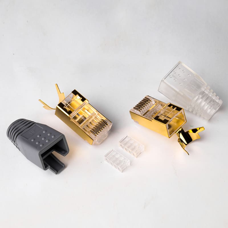 Cat7 Shielded RJ45 Connector with 1.5mm Wire Hole and Gold-Plated Copper Shell with Matching Boot