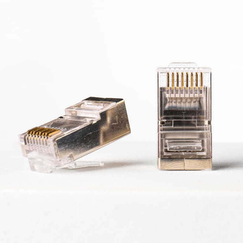 Cat6 Shielded RJ45 Connector - 1.1mm Large Wire Hole Staggered 8P8C STP Modular Plug for 23AWG Thick Ethernet Cables Image 3 Staggered Double-Row 4-Up 4-Down Internal Pin Design for Cat6 Plug