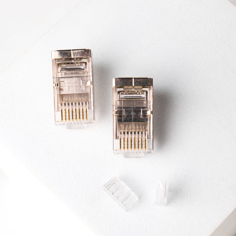 Cat6 Shielded RJ45 Connector - 1.1mm Large Wire Hole Staggered 8P8C STP Modular Plug for 23AWG Thick Ethernet Cables Image 2 50 Micro Gold-Plated Phosphor Bronze Pins on Cat6 STP RJ45 Connector