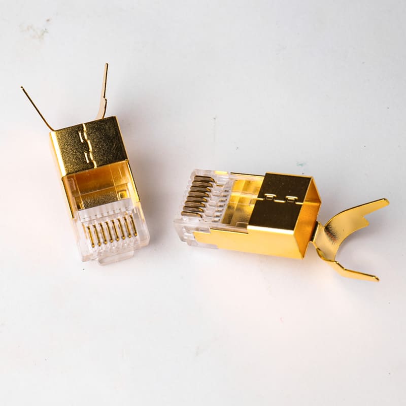 Cat7 Shielded RJ45 Connector 1.5mm - Premium Full-Wrap Gold-Plated Copper Shell Two-Piece Modular Plug with Matching Boot Compatibility Image 2 Gold-Plated Copper Shell of Cat7 Shielded RJ45 Connector 1.5mm for EMI Protection