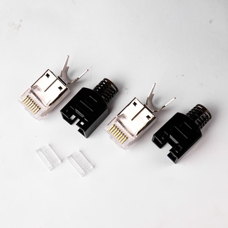 Cat6A Three-Piece Shielded RJ45 Connector - Staggered 8P8C STP Modular Plug for 10Gbps High-Speed Ethernet Image 4 50u Gold-Plated Phosphor Bronze Pins on Cat6A 10G RJ45 Connector