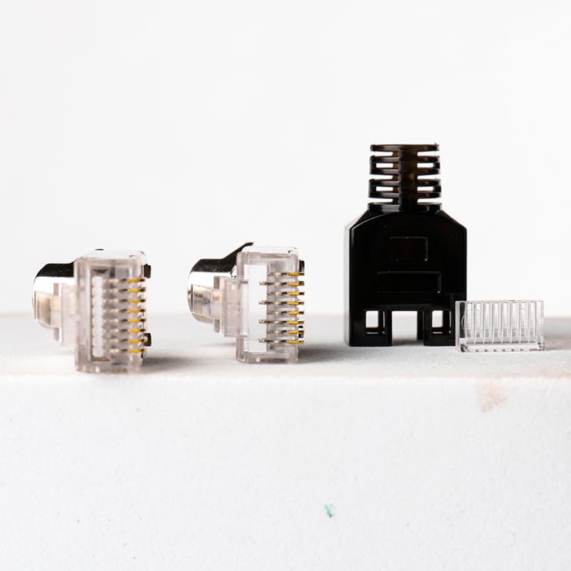 Cat6A Three-Piece Shielded RJ45 Connector - Staggered 8P8C STP Modular Plug for 10Gbps High-Speed Ethernet Image 3 Fully Assembled Cat6A Shielded Three-Piece RJ45 Connector on 23AWG Cable