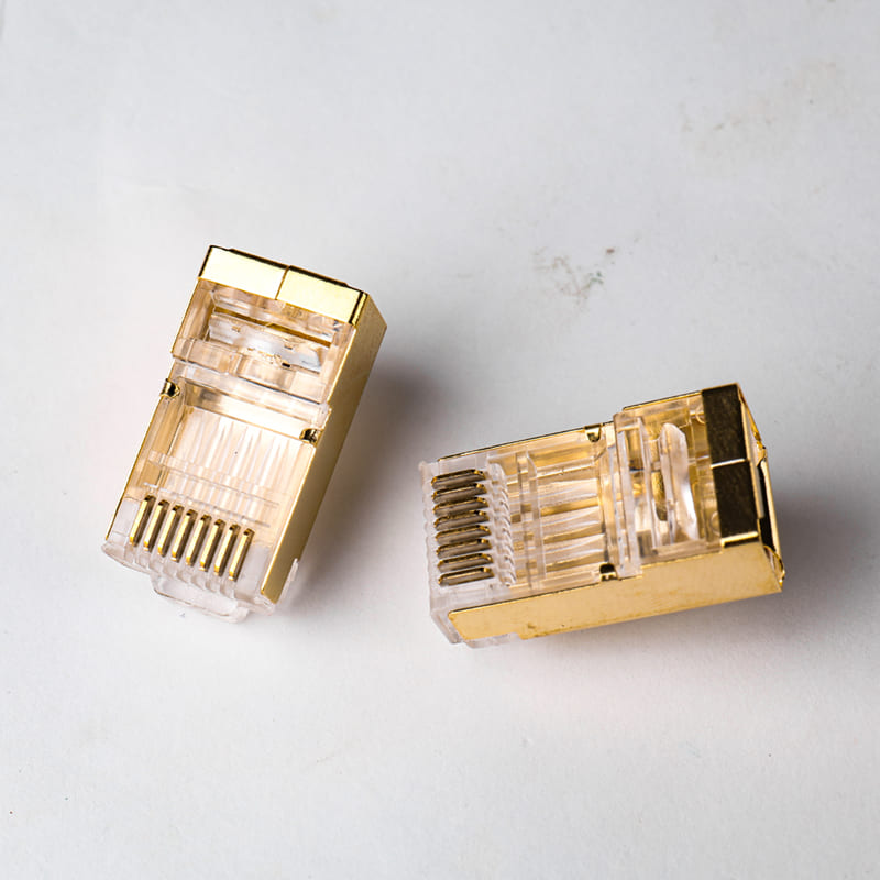 Cat6 1.35mm Gold-Plated Shielded Modular Plug: Premium Pure Copper Shell 8P8C Connector with 50μ" Gold Plated Pins for Large Gauge Cables Image 3 Copper shell gold-plated shielding for 8P8C STP connector