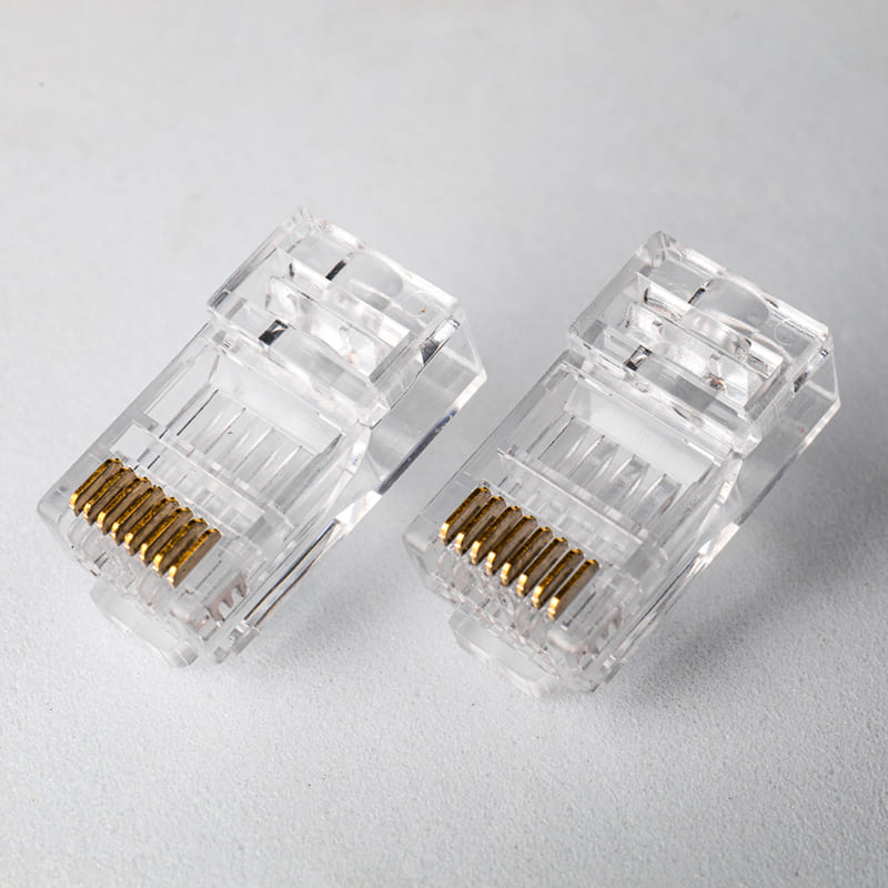 Cat6 Unshielded Pass-Through RJ45 Connector - Staggered Double-Row 8P8C UTP Modular Plug with 50μ" Gold Plating Image 2 Close-up of 50 Micron Gold Plating on Cat6 Unshielded Pass-Through Connector pins