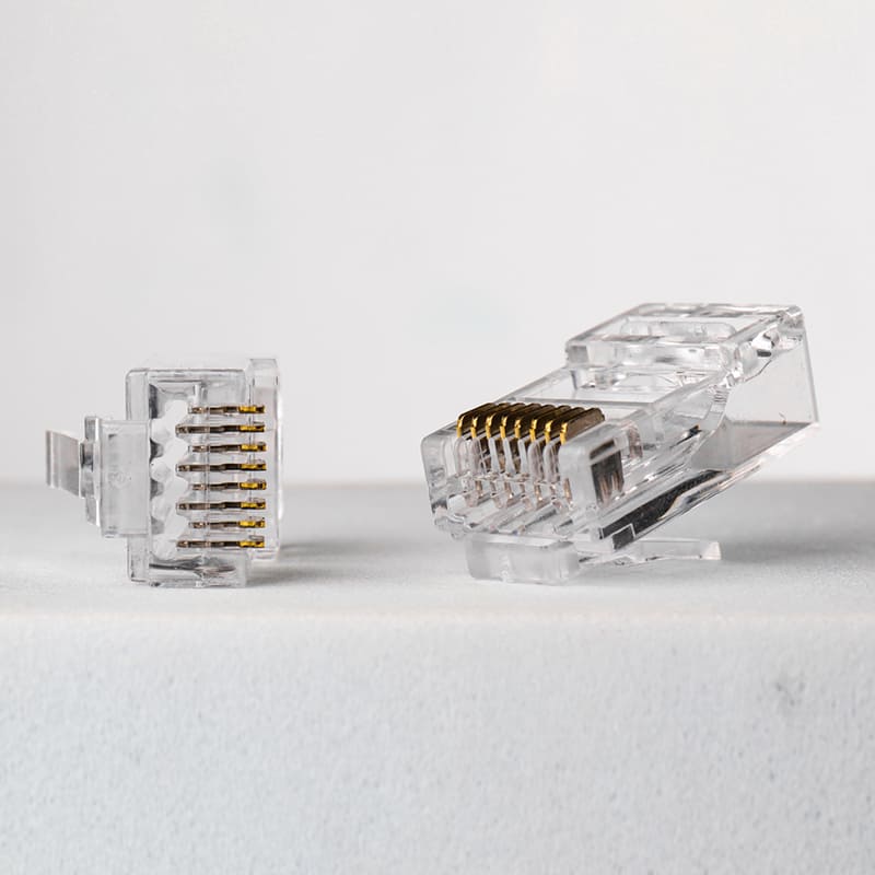 Cat6 Unshielded Pass-Through RJ45 Connector - Staggered Double-Row 8P8C UTP Modular Plug with 50μ" Gold Plating Image 4 Internal Staggered Double-Row 4-Up 4-Down design of Cat6 UTP Plug