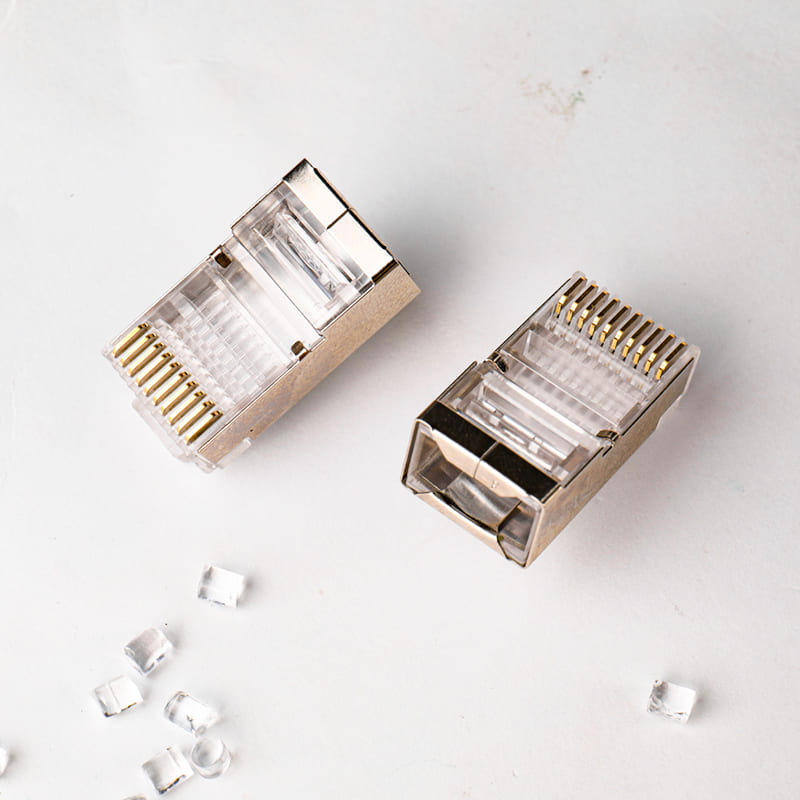 RJ50 10P10C Shielded Modular Plug - Professional 10-Pin Industrial Connector with 50μ" Gold Plating and Metal Shell Image 4 Close-up of 50 Micro Gold-Plated 10P10C Contacts on RJ50 Plug