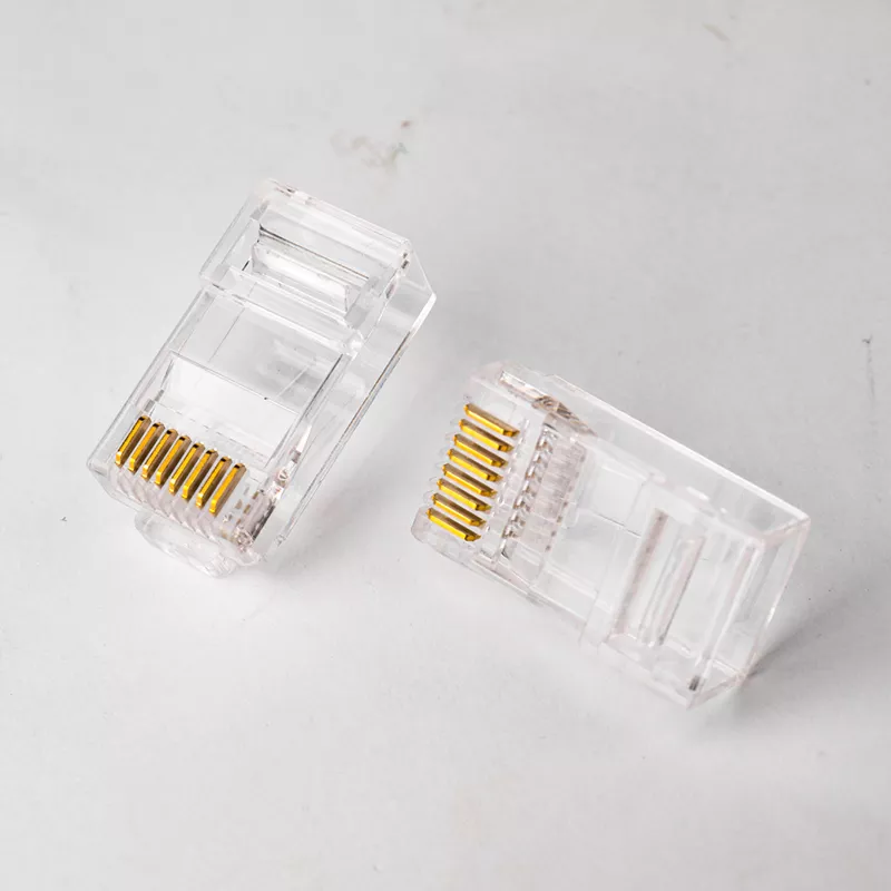 HXPLUG Cat6 UTP RJ45 Plug, Two-Piece 4-Up 4-Down Load Bar, 3-Prong Gold Image 4 HXPLUG 3-prong gold copper blade and transparent two-piece 8P8C plug for 1.0-1.1mm conductors